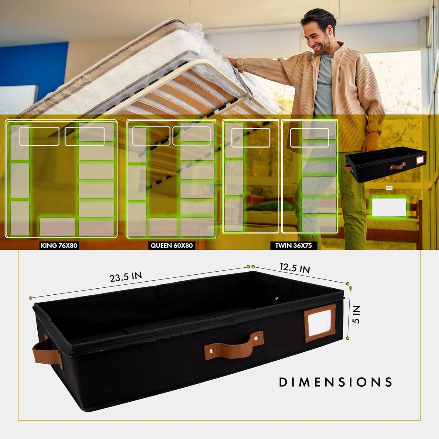 HOMELUX THEORY 2pc Under Bed Storage Containers, Bedroom Under the Bed Drawer Storage Organizer with Bins and Lids, Medium Underbed Clothes Storage Box Ideal for Blanket, Fabric, & Shoes (Black)