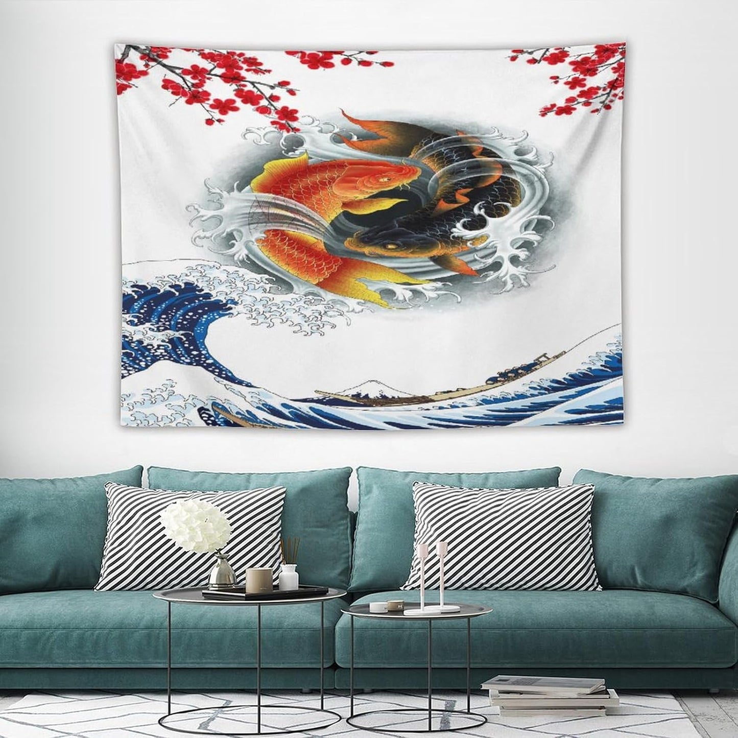 Houselerax Koi Fish Tapestry, Japanese Style Yin Yang Big Wave Cherry Blossoms Tapestries Wall Hanging for Bedroom Living Room Office Decor 80"x60"