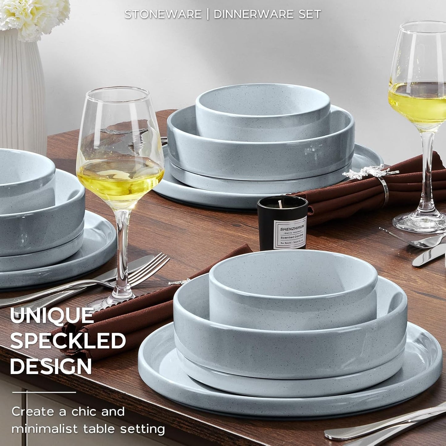 Onader Dinnerware sets, 24 Piece Plates and Bowls, Stoneware Kitchen Dinner Dish Set for 6, Ceramic Speckled Dinnerware with Pasta Bowl - Slate Gray