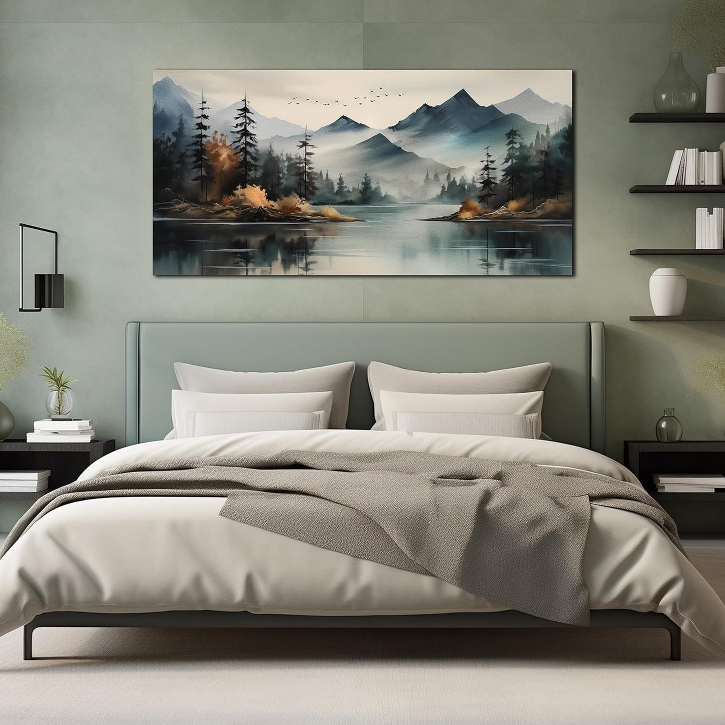 Rustic Wall Art for Living Room Large Size Teal Mountain Tree Landscape Canvas Wall Art for Bedroom Office Decor 29 x 59 Inch