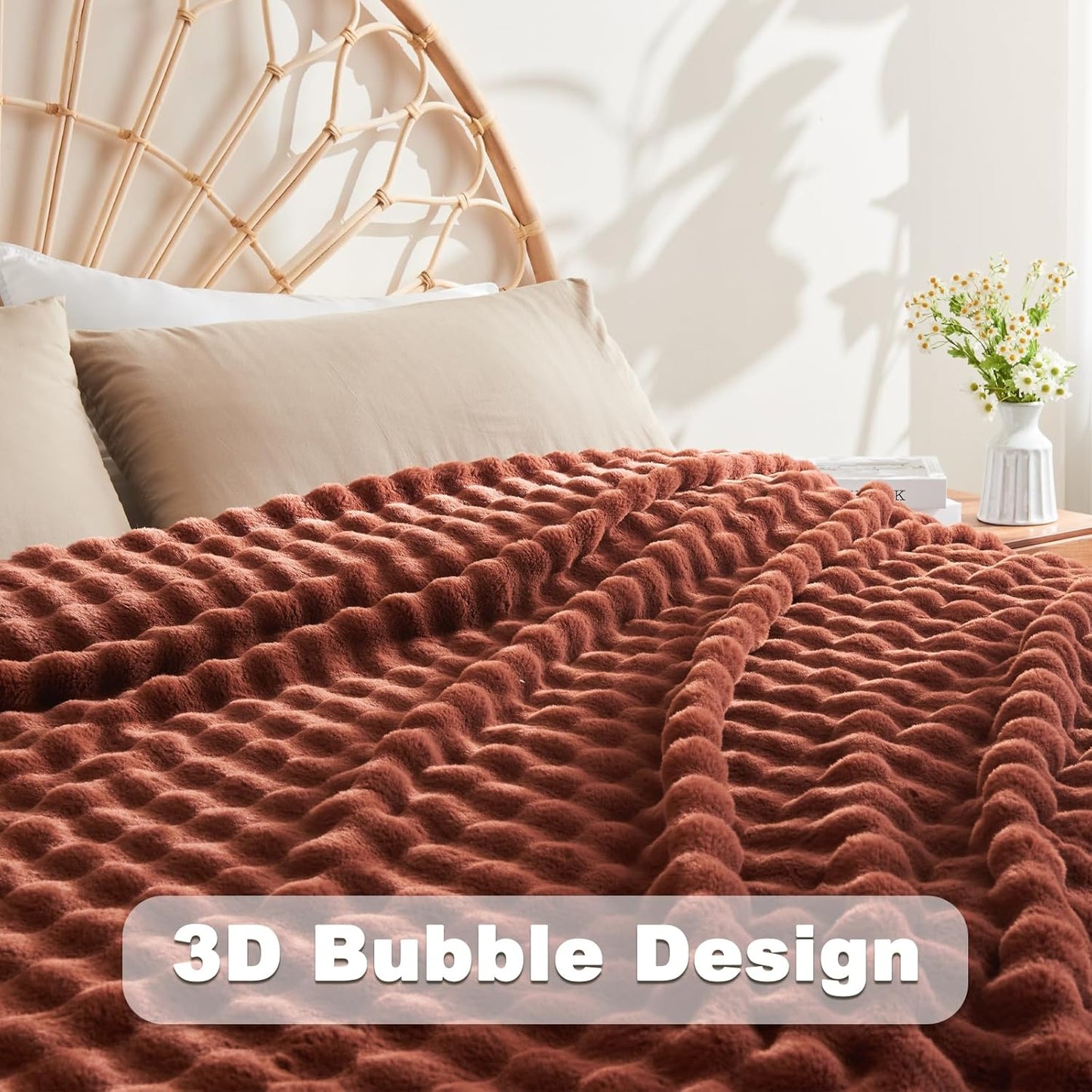 NEWCOSPLAY Faux Fur Twin Blanket Burnt Orange Bubble Blanket Thick Warm Soft for Couch Sofa Bed 550GSM (Burnt Orange, Twin(60"x80"))