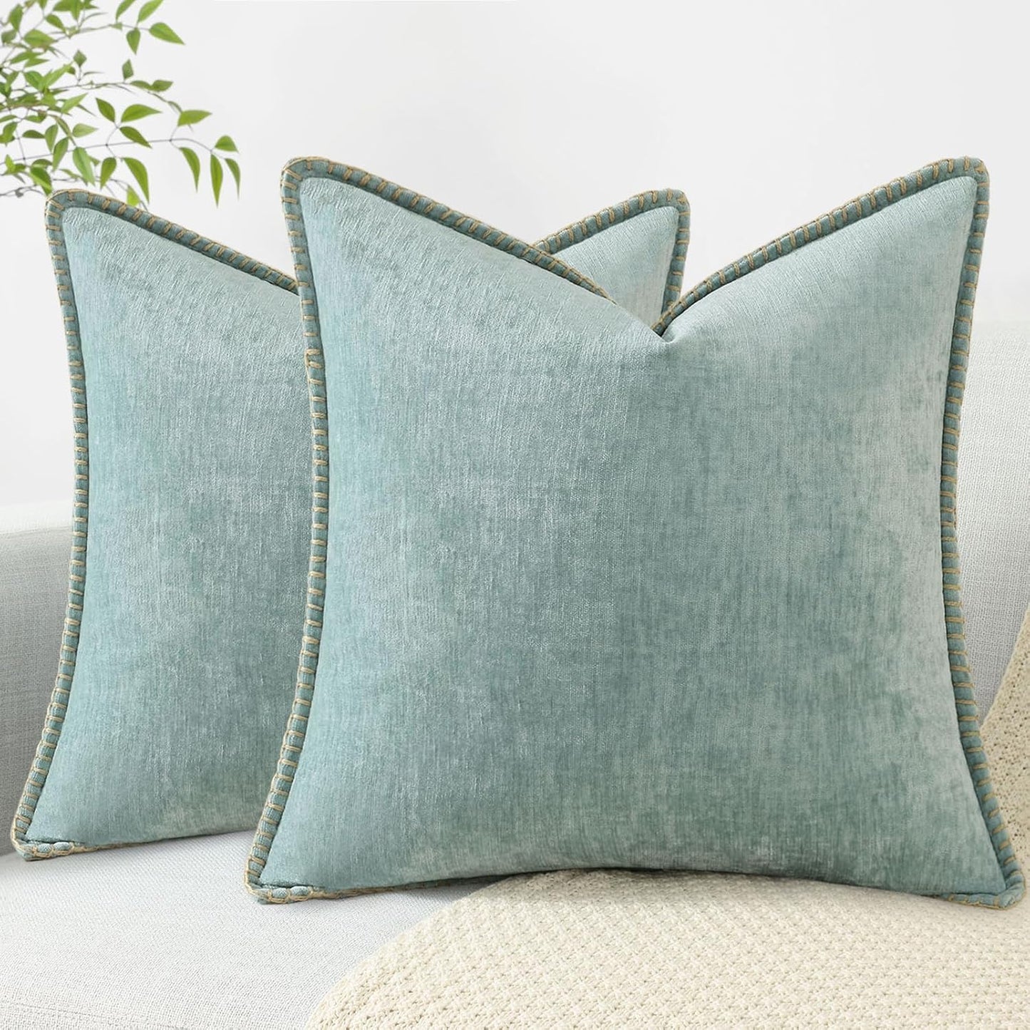 decorUhome Chenille Soft Throw Pillow Covers 26x26 Set of 2, Farmhouse Velvet Neutral Decorative Euro Pillow Covers with Stitched Edge for Couch Sofa Bed Home Decor, Aqua Haze