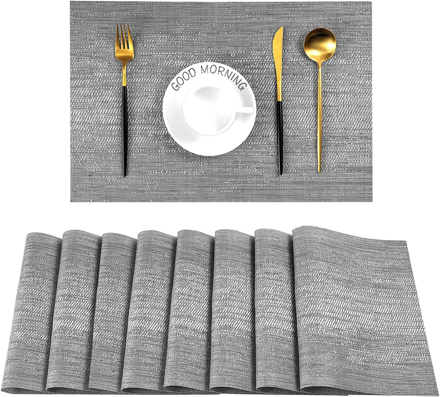 Leetaltree Grey Placemats, Heat Resistant Non-Slip Place mats for Dining Table, Washable Durable PVC Vinyl Woven Table Mats (Set of 8)