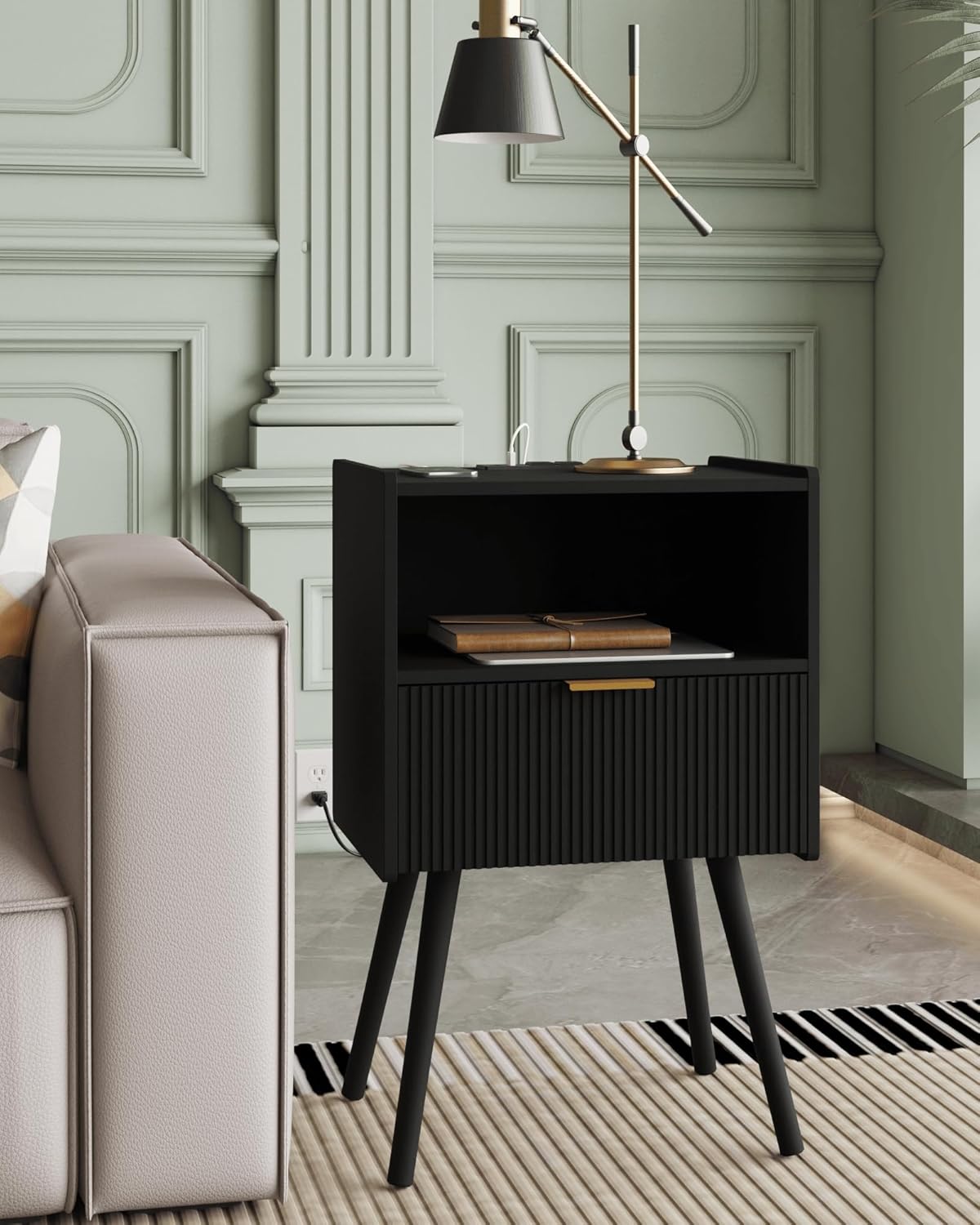 Nightstand,Modern Bedside Table with Storage Drawer and Open Wood Shelf, Accent Night Stand with Solid Wood Legs for Living Room, Bedroom and Small Spaces,Easy Assembly (Black-Outlet)