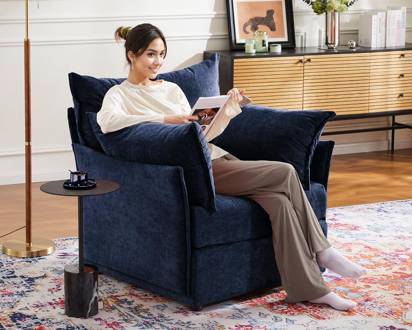 Oversized Accent Chair, Upholstered Modern Sofa Chair with Removable Backrest & Detachable Cover, 24.5" Deep Seat Large Reading Armchair for Living Room Bedroom Office - Chenille Blue Set of 1