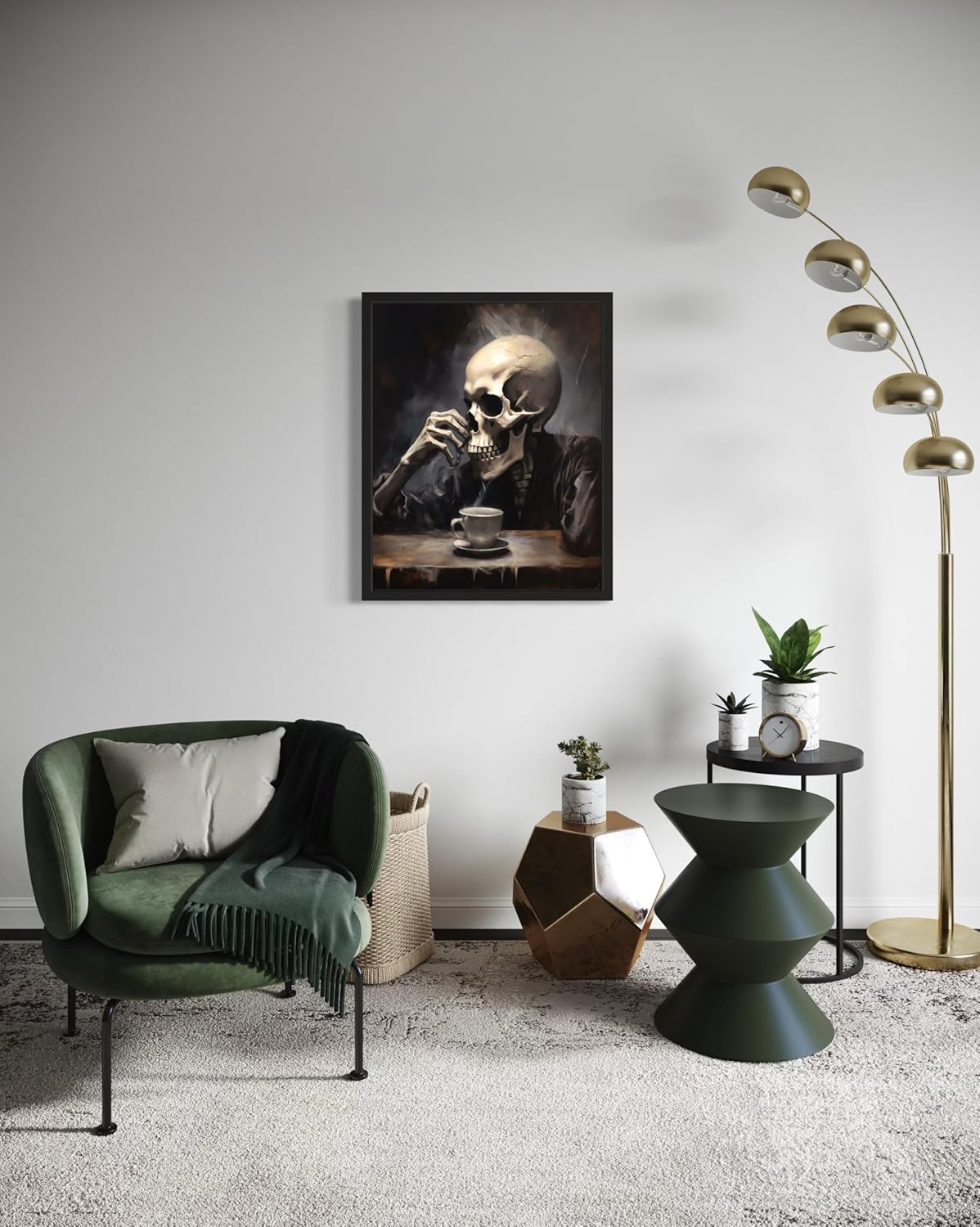 Skull Drinking Coffee Poster Art Print, Halloween Scary Vintage Wall Art Academia Spooky Painting Decoration for Horror Prints, Gothic Posters Bedroom Decor 89 (Skull Drinking Coffee, 8 x 10 inches, Unframed)