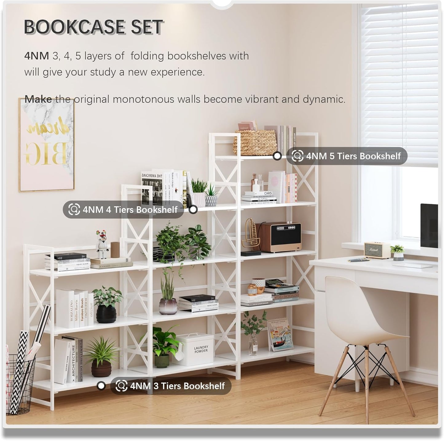 4NM 5 Tiers No Assembly Book Shelves, 51.2" H Folding Bookshelf Bookcase Open Industrial Foldable Shelves for Bedroom, Living Room, Home Office - All White