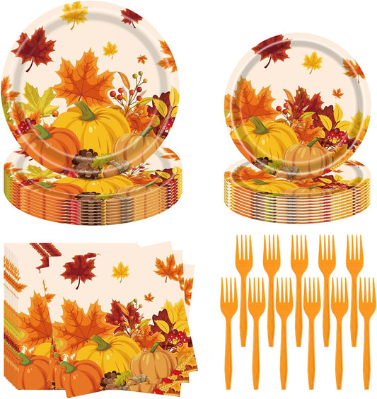 Fall Party Supplies - 96 Pcs Thanksgiving Paper Plates and Napkins, Forks, Pumpkin Autumn Disposable Tableware Set for Harvest Party Decorations