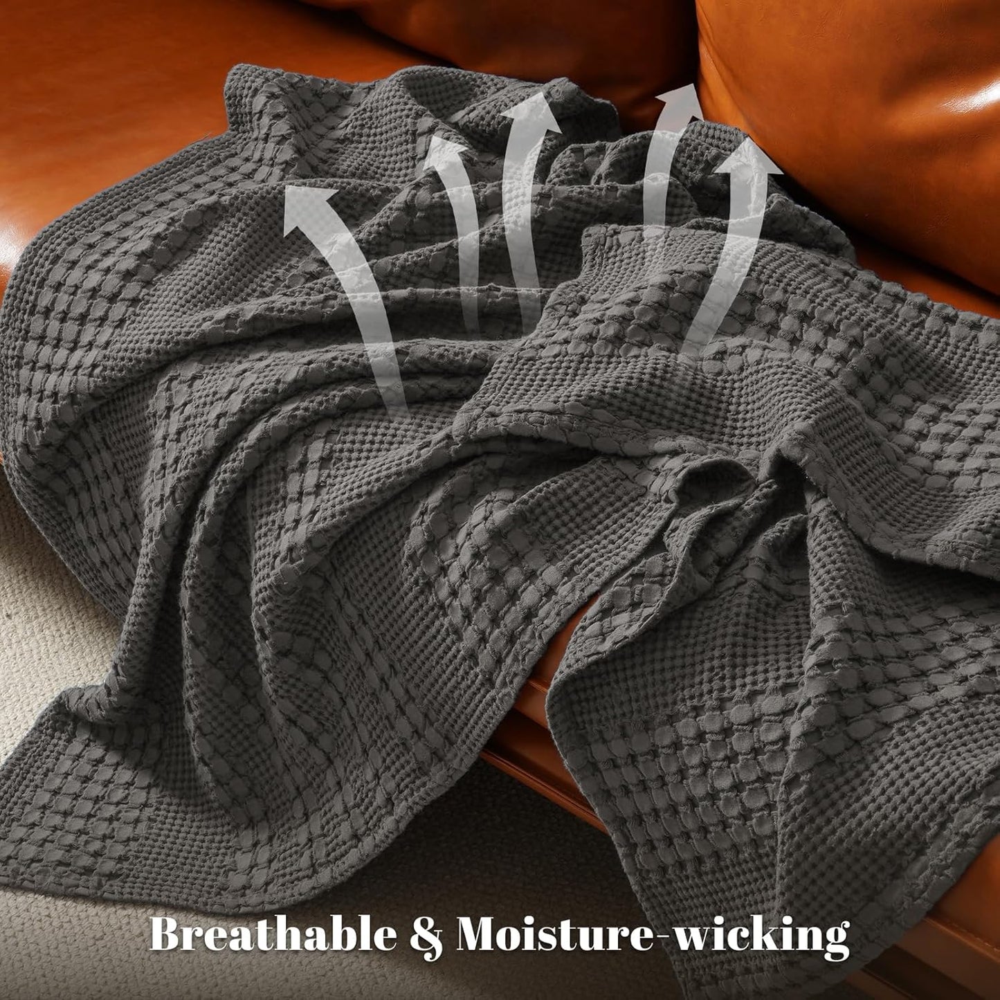 PHF 100% Cotton Waffle Weave Blanket Queen Size, Soft Lightweight Breathable Cozy Summer Blankets for Bed, Luxury Aesthetic Woven Bedding for Home Decor, 90"x90", Charcoal Grey