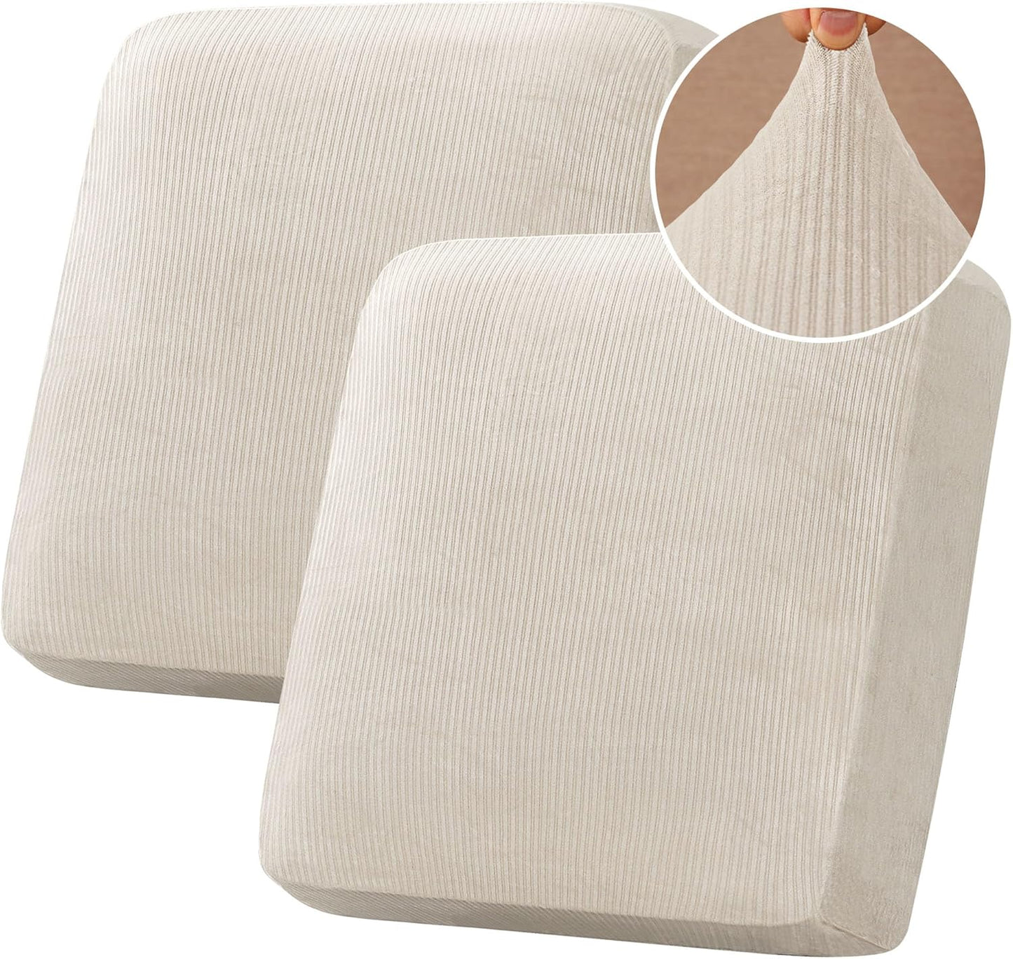 H.VERSAILTEX Velvet Stretch Couch Cushion Cover Plush Cushion Slipcover for Chair Loveseat Sofa Cushion Furniture Protector Seat Cushion Sofa Cover (2 Piece Large Sofa Cushion Covers, Ivory Striped)