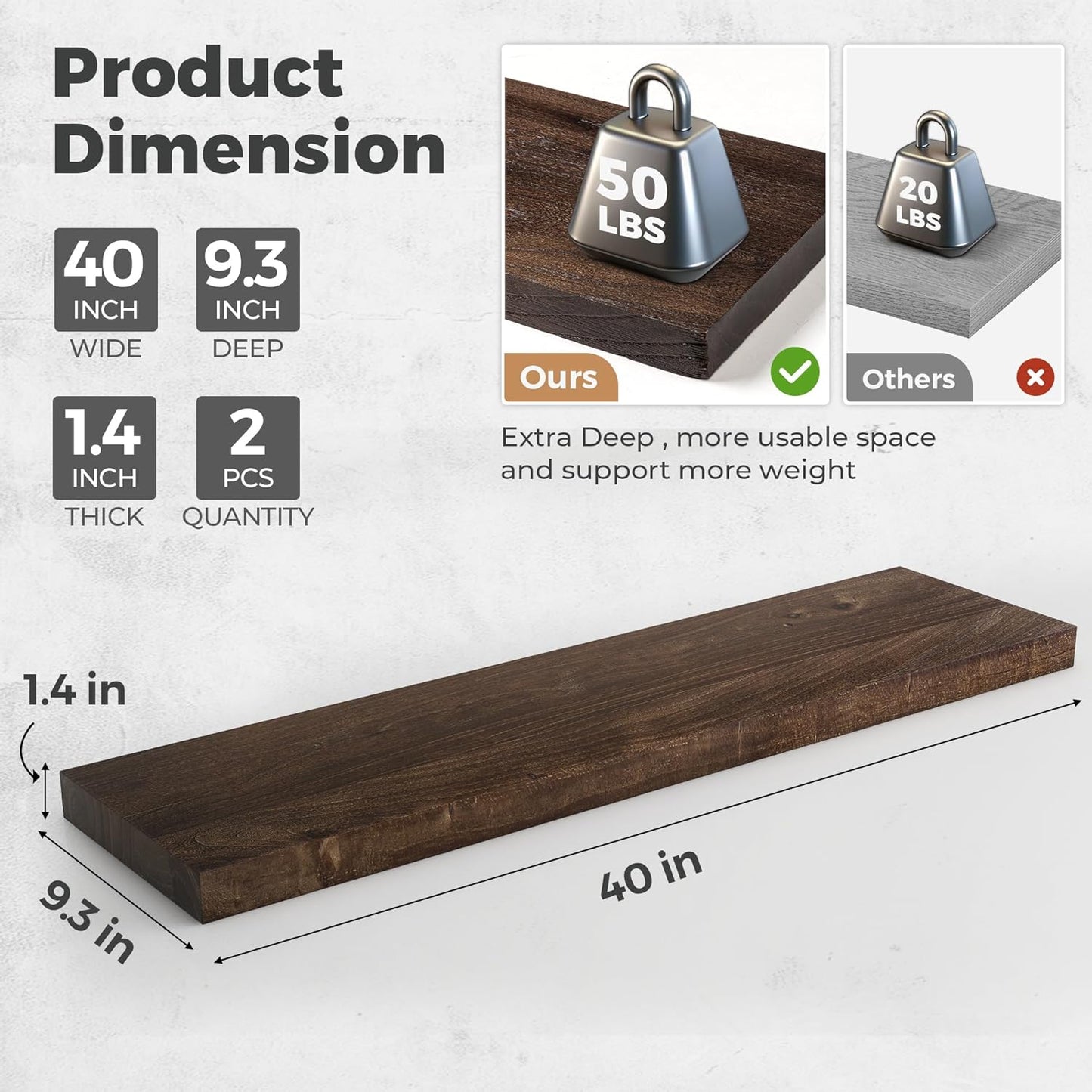 RICHFOCUS Elm Floating Shelves for Wall - 40" W x 9.3" D Rustic Solid Wood Shelves with Invisible Bracket, Wall-Mounted for Living Room, Bedroom, Kitchen Storage & Display, Set of 2, Walnut