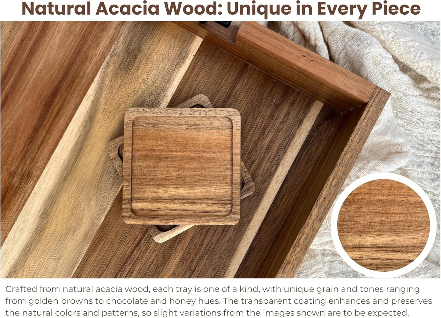 Acacia Wooden Ottoman Tray for Living Room – 21" Large Coffee Table Serving Tray with Handles & 6 Coasters Set, Perfect for Food, Drinks, Kitchen, and Home Decor