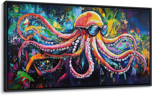 JEAWA Framed Canvas Wall Art, Abstract Octopus Pictures Cool Poster Printing Modern Pop Street Graffiti Art Texture Wall Painting for Living Room Bathroom Bedroom Men Room Home Decor 20x40 IN
