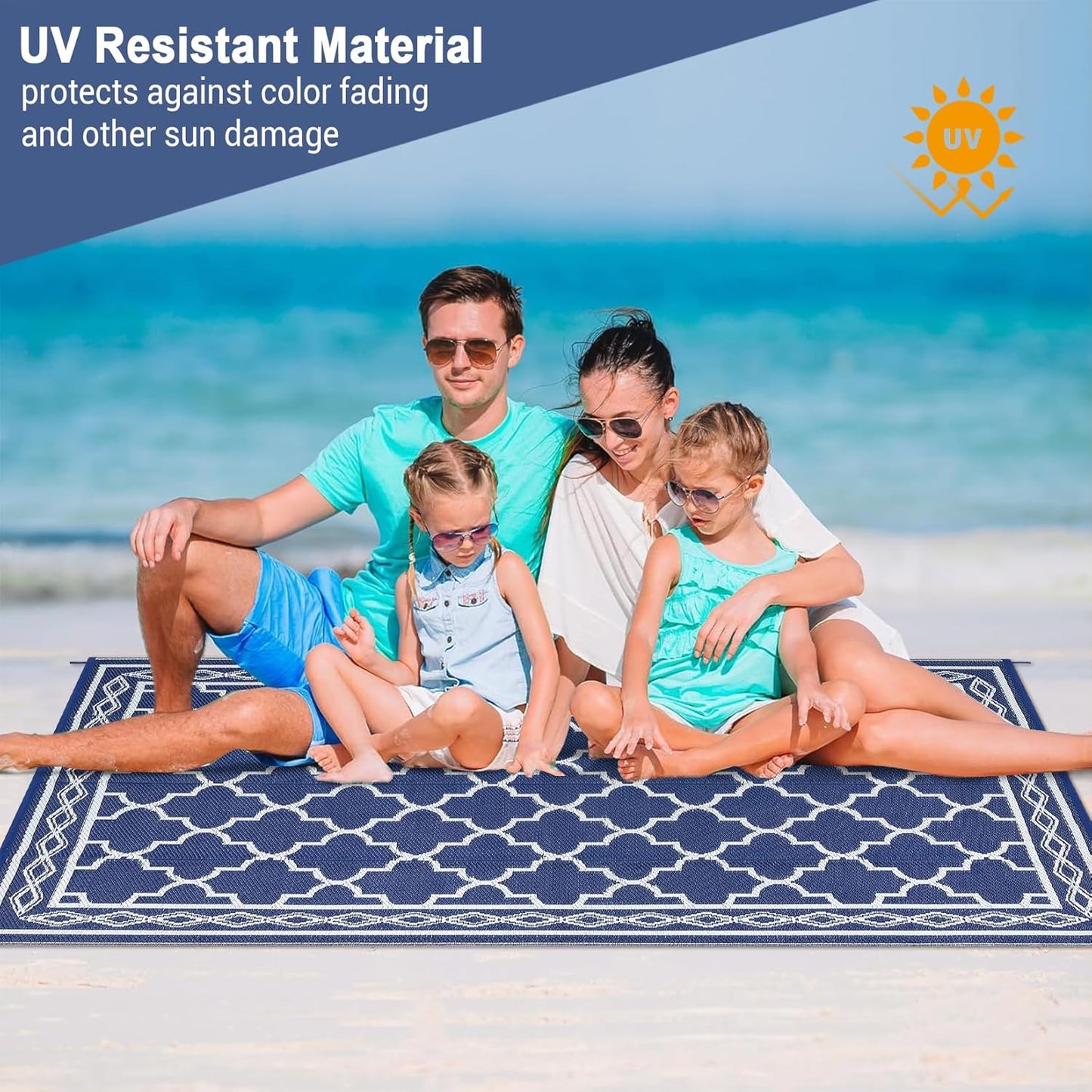 GAOMON Outdoor Rug Waterproof 8'x10', Reversible Outdoor Plastic Straw Rug, Boho Patio Rug, Indoor Outdoor Carpet, RV Mat Outside for Patio, Camp, Picnic, Balcony, Deck, Navy/White(Geometric)