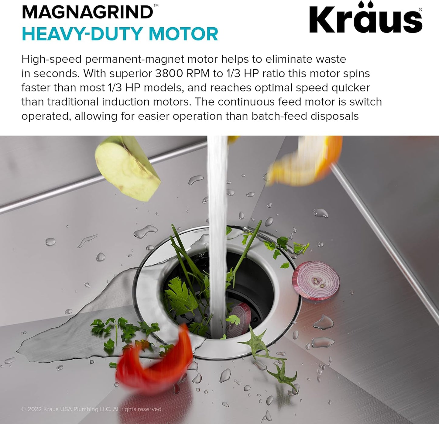 KRAUS WasteGuard 1/3 HP Ultra-Quiet Garbage Disposal with Quick Connect, Kitchen Sink Drain Cover, Power Cord and Flange Included, KWD100-33MBL