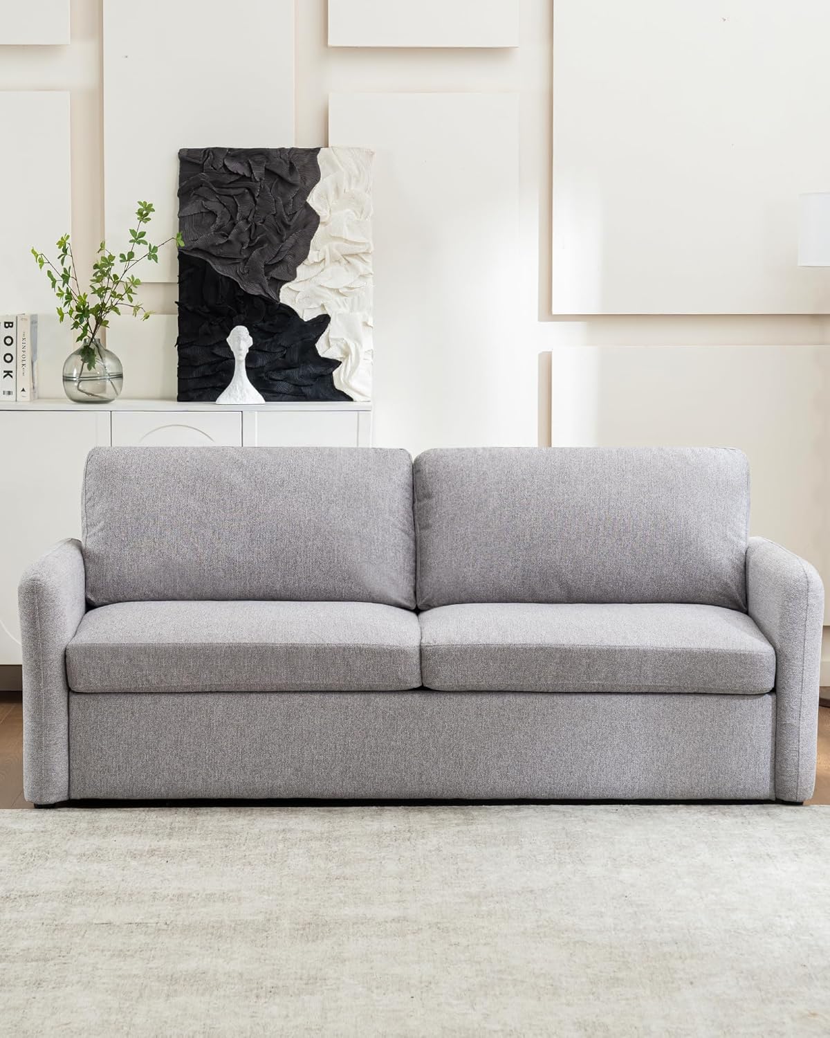 Queen Size Pull Out Sofa Bed, 2 in 1 Convertible Sleeper Sofa Couch with Pullout Bed, Memory Foam Mattress for Living Room Office, Space-Saving, Light Grey