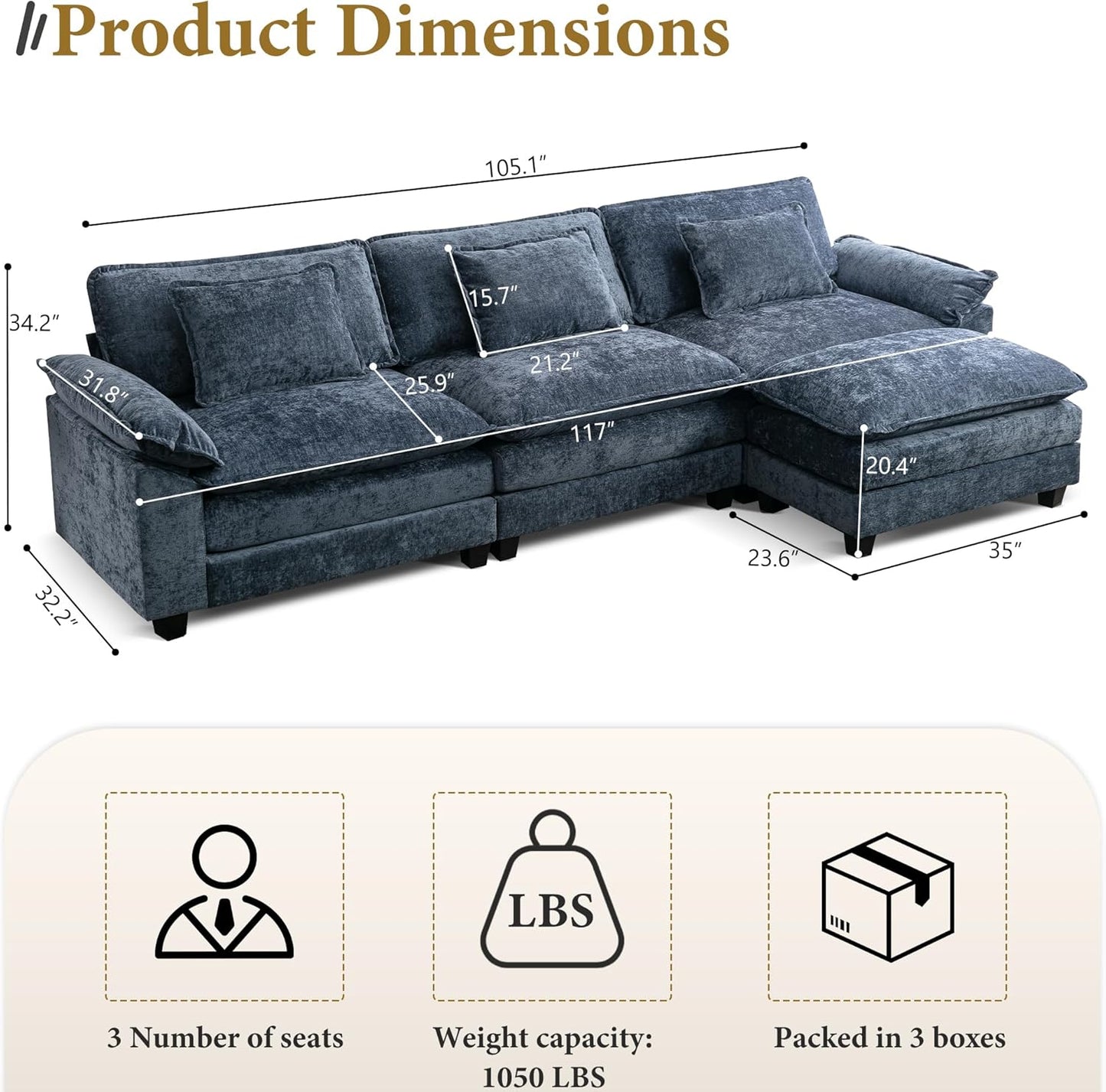 URRED Modular Sectional Sofa Comfy Cloud Couch, Modern Chenille Sofa Sleeper Deep Seat Couches with Ottoman/Pillows for Living Room (Blue, 117''- L Shape)