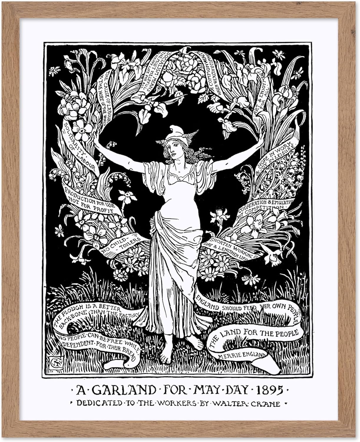 Poster Master Vintage Walter Crane Poster - Retro A Garland for May Day Print - Socialist Art - Gift for Him, Her, Men, Women - Wall Decor for Home, Office, Living Room, 8x10 Beige Framed