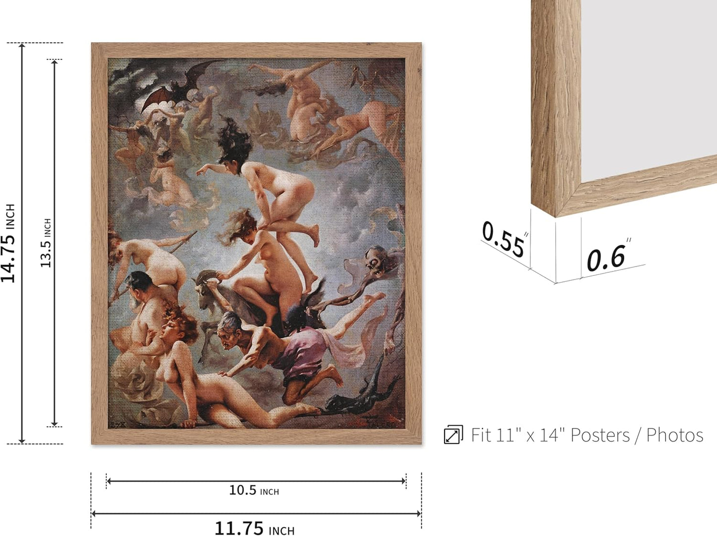 Poster Master Vintage Luis Ricardo Falero Poster - Retro Occult Print - Gift for Gothic, Horror Fan - Witches Going to their Sabbath, Pagan - Wall Decor for Bedroom, Dorm, 11x14 Beige Framed