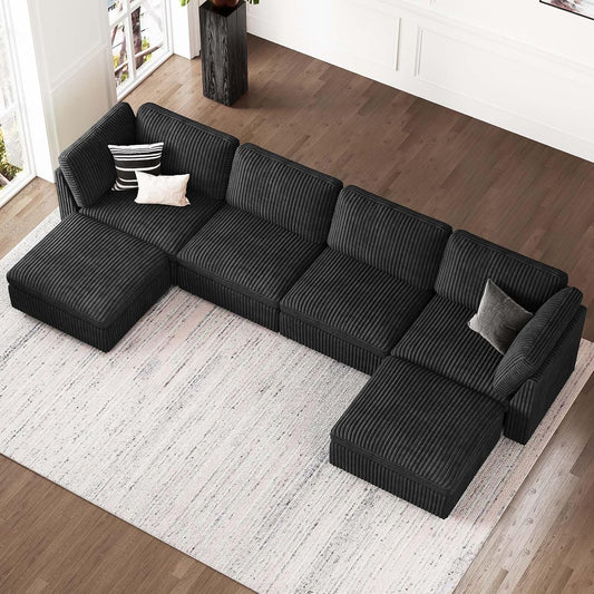 Belffin Modular Sectional Sofa with Storage Ottoman, Oversized Cloud Couch Sectional with Extra Deep Seat, Convertible Upholstered U Shaped Sectional Couches for Living Room, Plush Corduroy Black