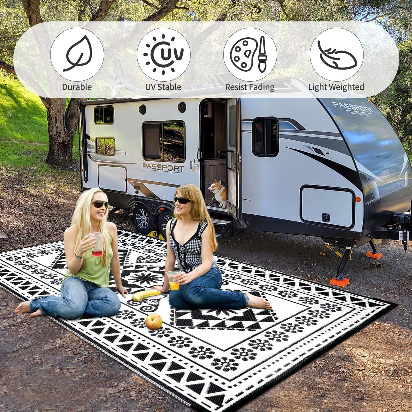 Waterproof Outdoor Rug 8x10ft, Reversible Plastic Straw Mat Rugs for Patio RV Deck Porch Backyard Balcony Camping Picnic Beach Indoor Outdoor Carpet, Black&White