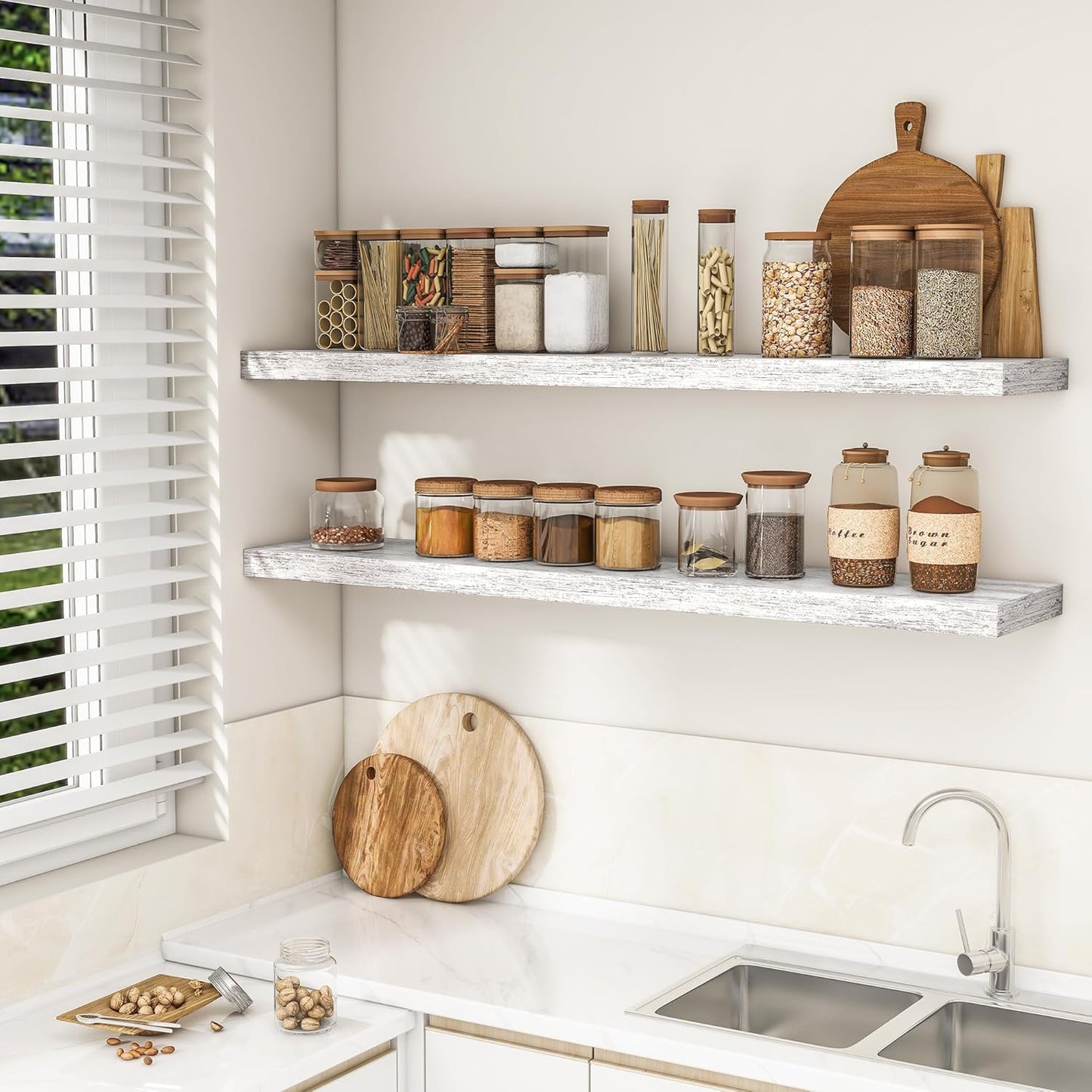 RICHFOCUS 55Inch Floating Shelves for Wall 2 Pack Shelves for Bedroom|Kitchen|Bathroom Wall Mounted Rustic Distressed Wood Floating Shelf with Invisible Brackets for Books|Storage|Decor, Rustic