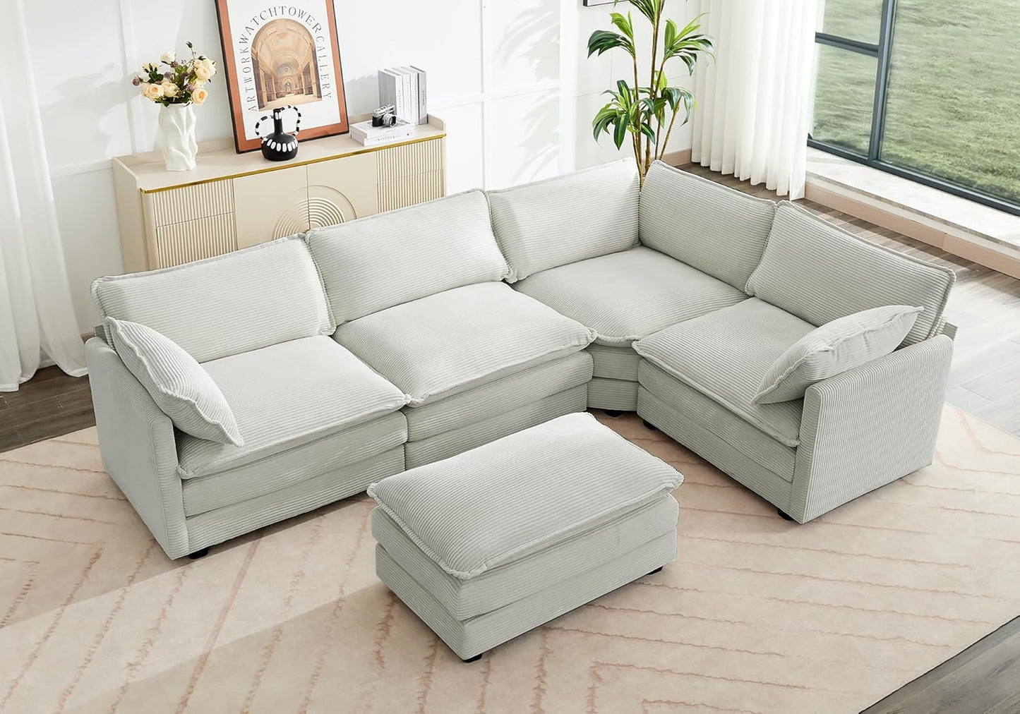 ROWHY 113'' Modular Sectional Cloud Couch, 5 Seater Corner Sofa Big Comfy Corduroy Oversized L Shaped Couch with 2 Pillows, Ottoman, Deep Seat Sectional Couches for Living Room Office, Light Grey
