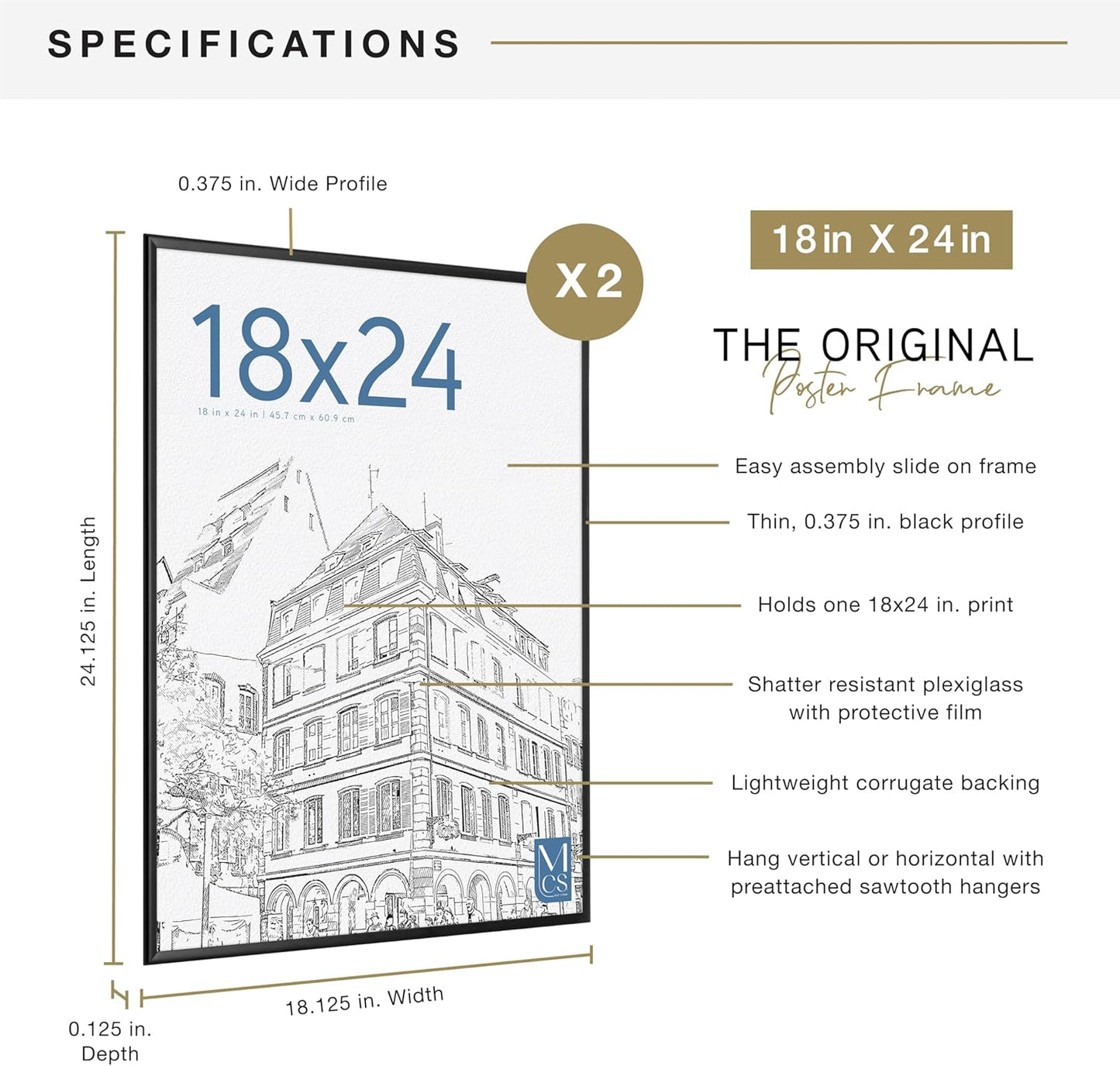 MCS Original Poster Frame 18x24 Black Lightweight Vertical & Horizontal Wall Hanging Large Picture Frame for Posters, Art Prints & Gallery Wall (2-Pack)