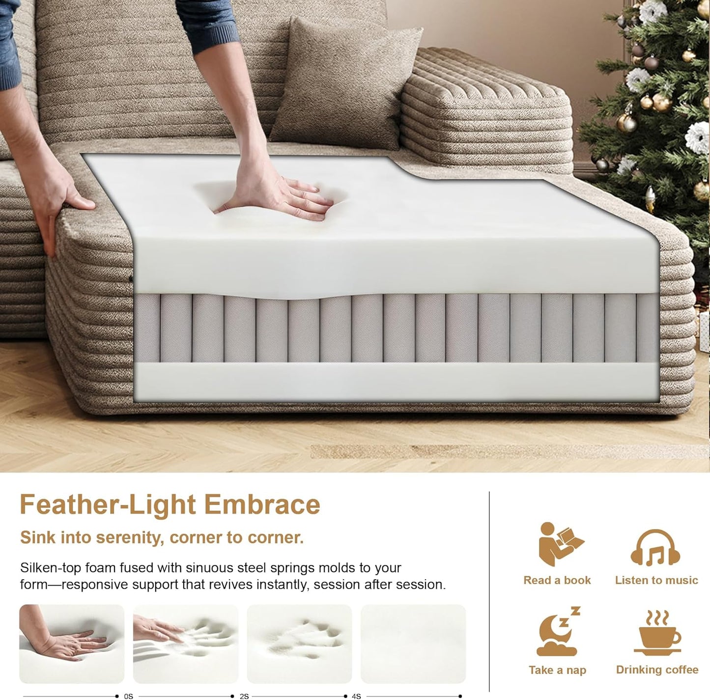 136" Sectional Couches for Living Room Modern Modular Sofa with L-Shape Couchs Upholstered Boneless Couch Deep Seat Sectional Couch with Chaise (Camel, Right Facing Chaise+3Seaters+Ottoman)