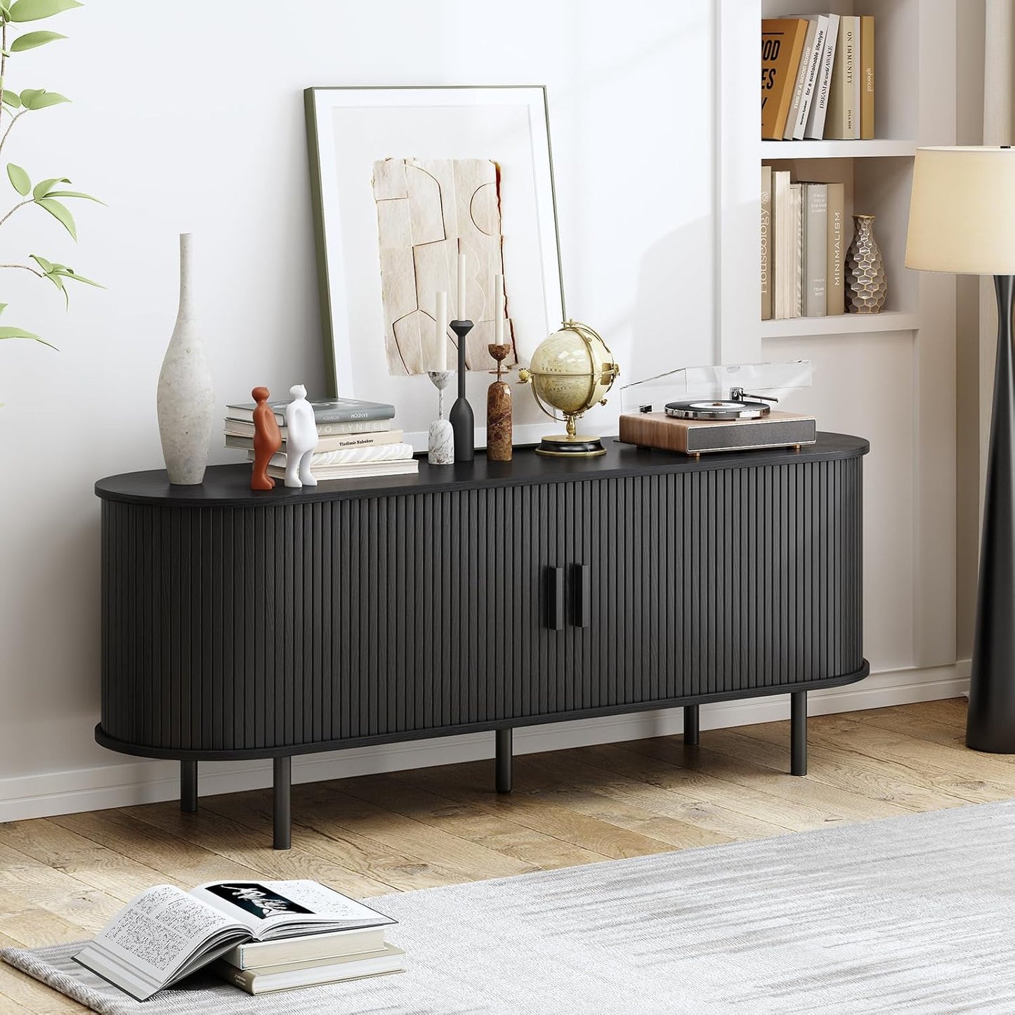 55" TV Stand with Power Outlet, Modern Media Console with Sliding Doors, Entertainment Center for TVs up to 60 Inch, Adjustable Shelves, Black