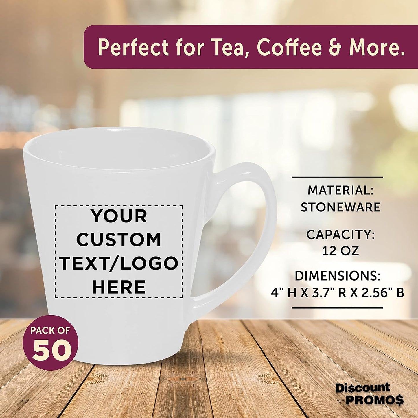 DISCOUNT PROMOS Custom Glossy Ceramic Latte Coffee Mug 12 oz. Set of 50, Personalized Bulk Pack - Perfect for Tea, Espresso, Cappuccino, Hot Cocoa - White