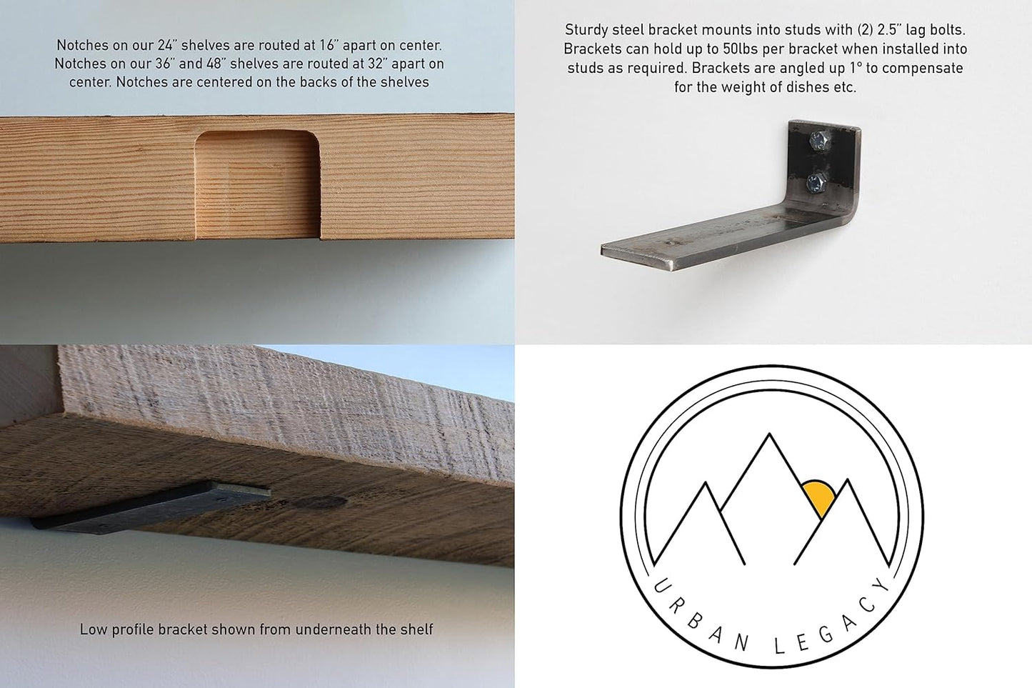 Urban Legacy Reclaimed Barn Joist Deep Floating Shelves | Deep Shelves with Low Profile Shelf Bracket with High Weight Capacity, Set of 2 (24" x 11" x 2.5", Rustic Gray)