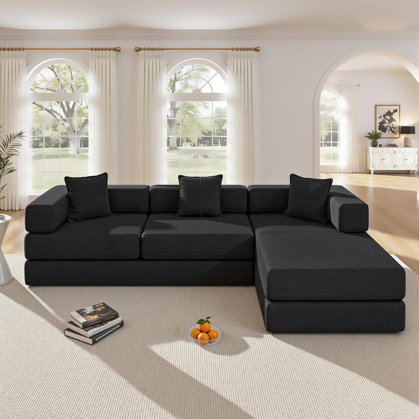 108" Oversized Convertible Sleeper Sofa Bed, Corduroy L Shape Sectional Couch, Folding Sofa Bed with Side Pocket, Modern Cloud Floor Mattress Couch, Modular Sofa for Living Room, Black
