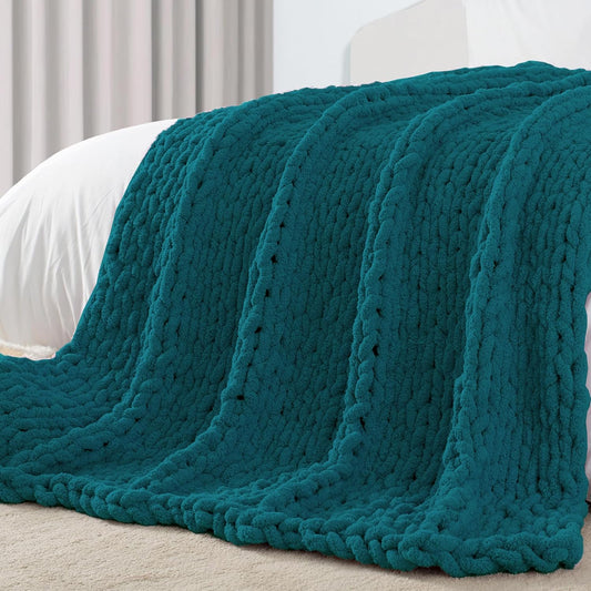 Carriediosa Chunky Knit Throw Blanket 60" X 80" Twin, 100% Hand Made Large Chenille Loop Yarn Soft Fluffy Throws for Couch Sofa Bed, Big Crochet Cozy Heavy Thick Cable Woven Blankets, Teal