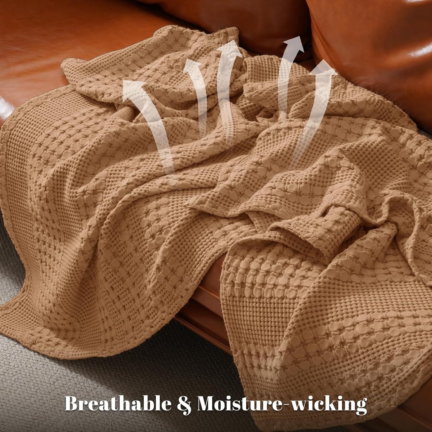 PHF 100% Cotton Waffle Weave Blanket Queen Size, Soft Lightweight Breathable Cozy Summer Blankets for Bed, Luxury Aesthetic Woven Bedding for Home Decor, 90"x90", Camel
