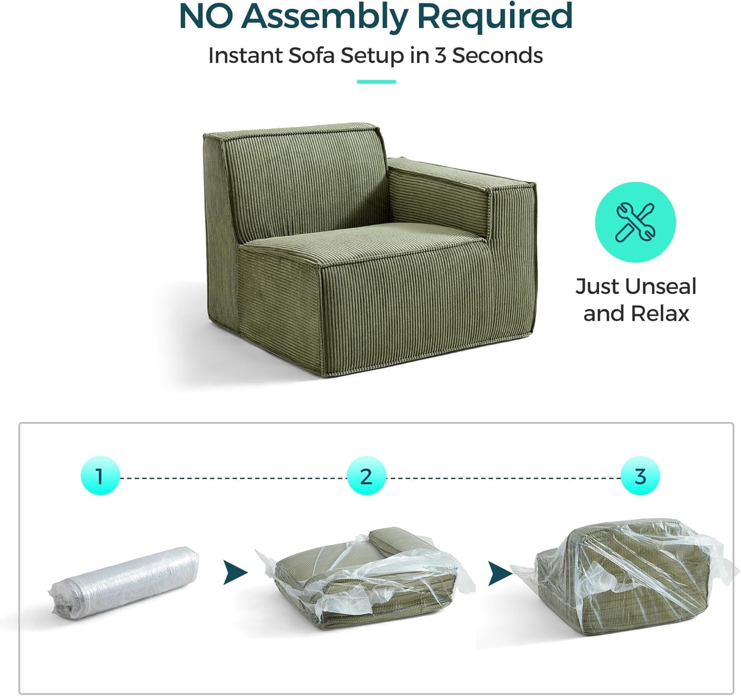 LINSY HOME Modular Sectional Sofa, 134" Boneless Couch L Shaped 4-Seat Sofa with Movable Ottoman, Corduroy Sectional Cloud Couches for Living Room, No Assembly Required, Green
