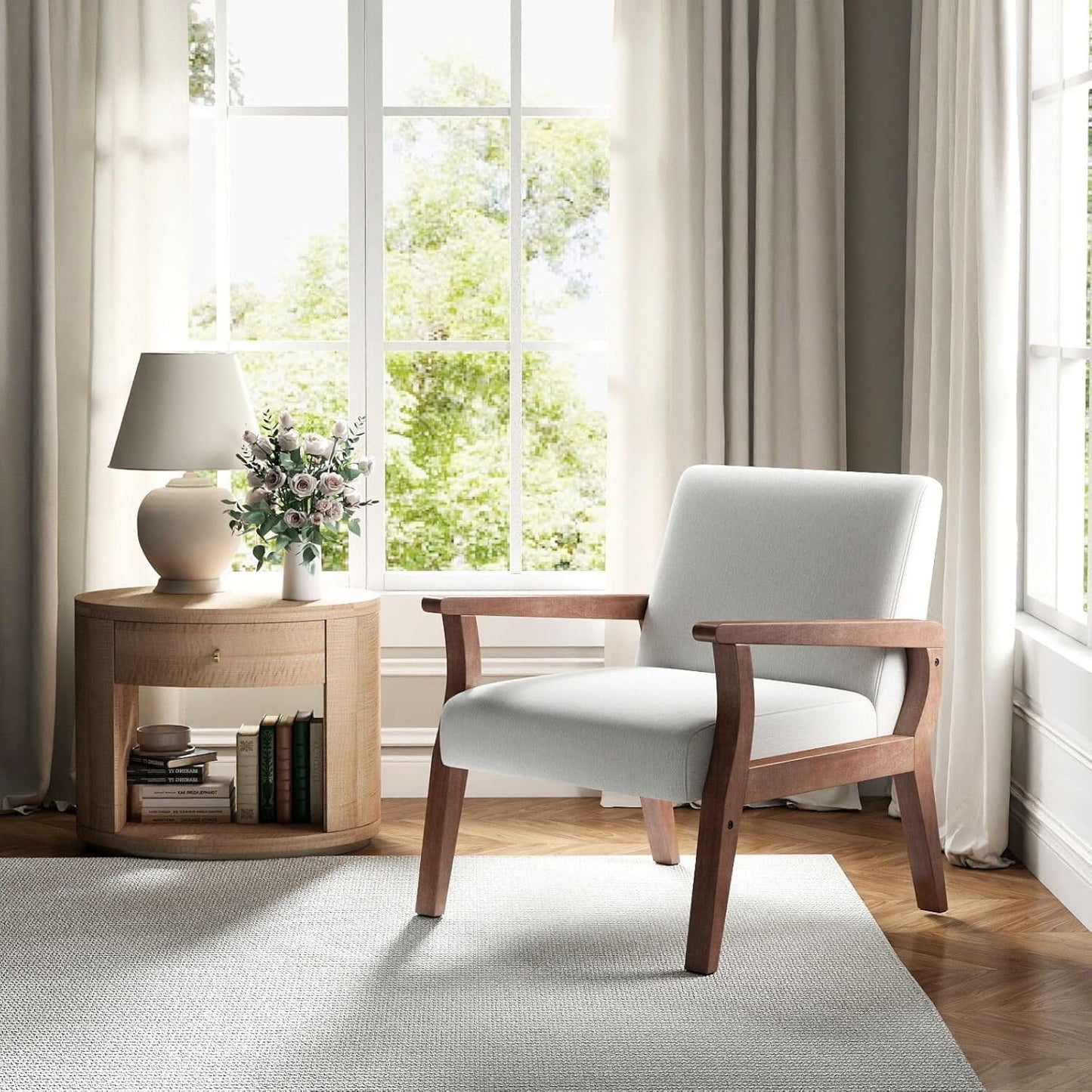 Beige Accent Chair Set of 2 Mid Century Modern Living Room Armchair Wood Sitting Chair Linen Fabric Upholstered Side Chair for Bedroom Cream