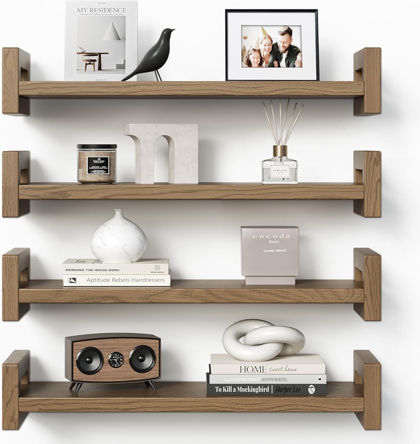 Vailando Floating Shelves for Wall, Set of 4 Solid Wood Wall Mounted Shelves, 16" Rustic Walnut Display Shelf for Bedroom, Living Room, Bathroom, Kitchen – Strong Load Capacity & Natural Pine