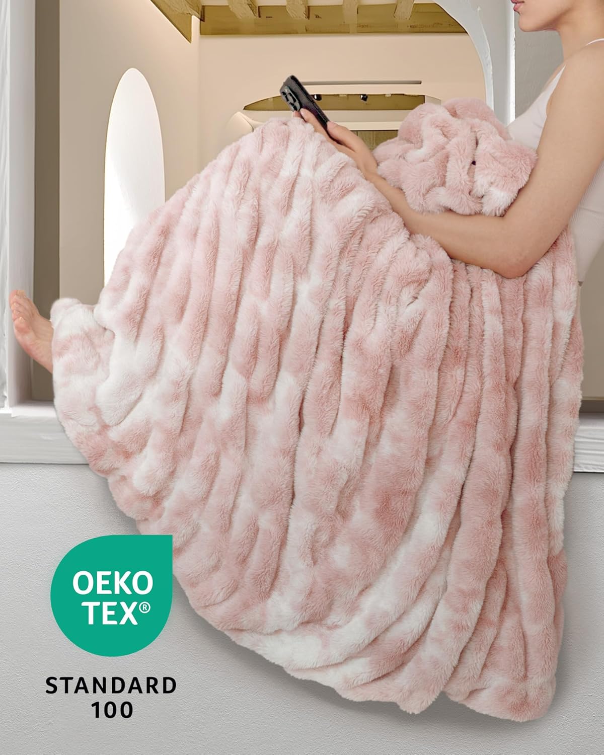 Faux Fur Blanket, Throw Blanket for Couch, Fluffy Blanket with Stretch Ruched Design, Ultra Soft Giftable Home Decor, 50x60 inches, Tie-Dyed in Pink