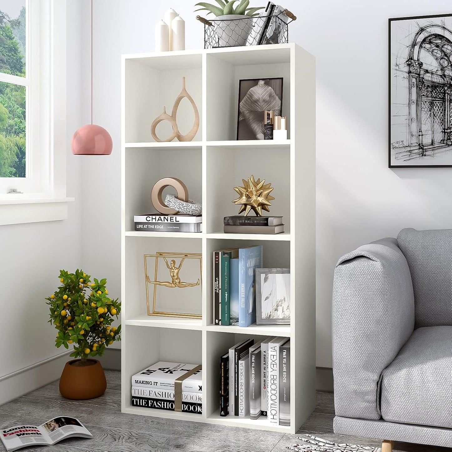 8-Cube Storage Shelf Bookcase - Wooden 4-Tier Floor Standing Open Bookshelf, Modern TV Stand up to 55 Inchs for Home and Office, Warm White