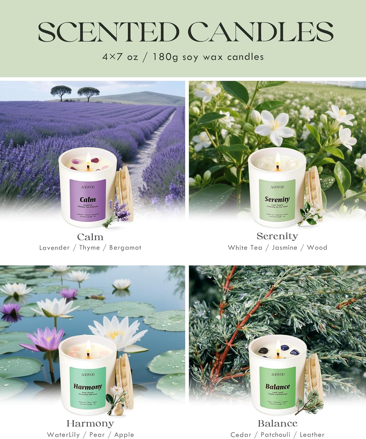 AOOVOO Calm Candles Set for Women - 4 Pack Candles for Home Scented, 28 oz 200 Hour Burn, Aromatherapy Candle with Crystals, Lavender Calm/Jasmine Serenity/Water Lily Pear Harmony/Patchouli Balance
