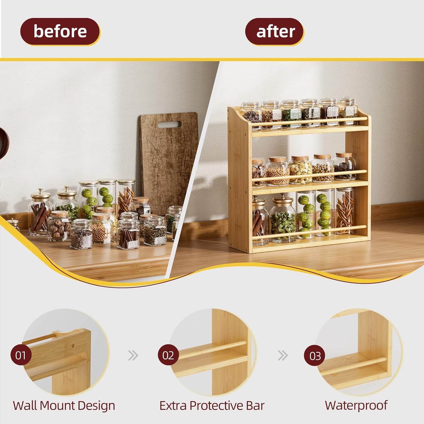 Spice Rack Wall Mounted, Spice Organizer for Counter, Bamboo Spice Storage Holder for Kitchen Cabinet, Pantry (Spice Jars Not Included, Natural)