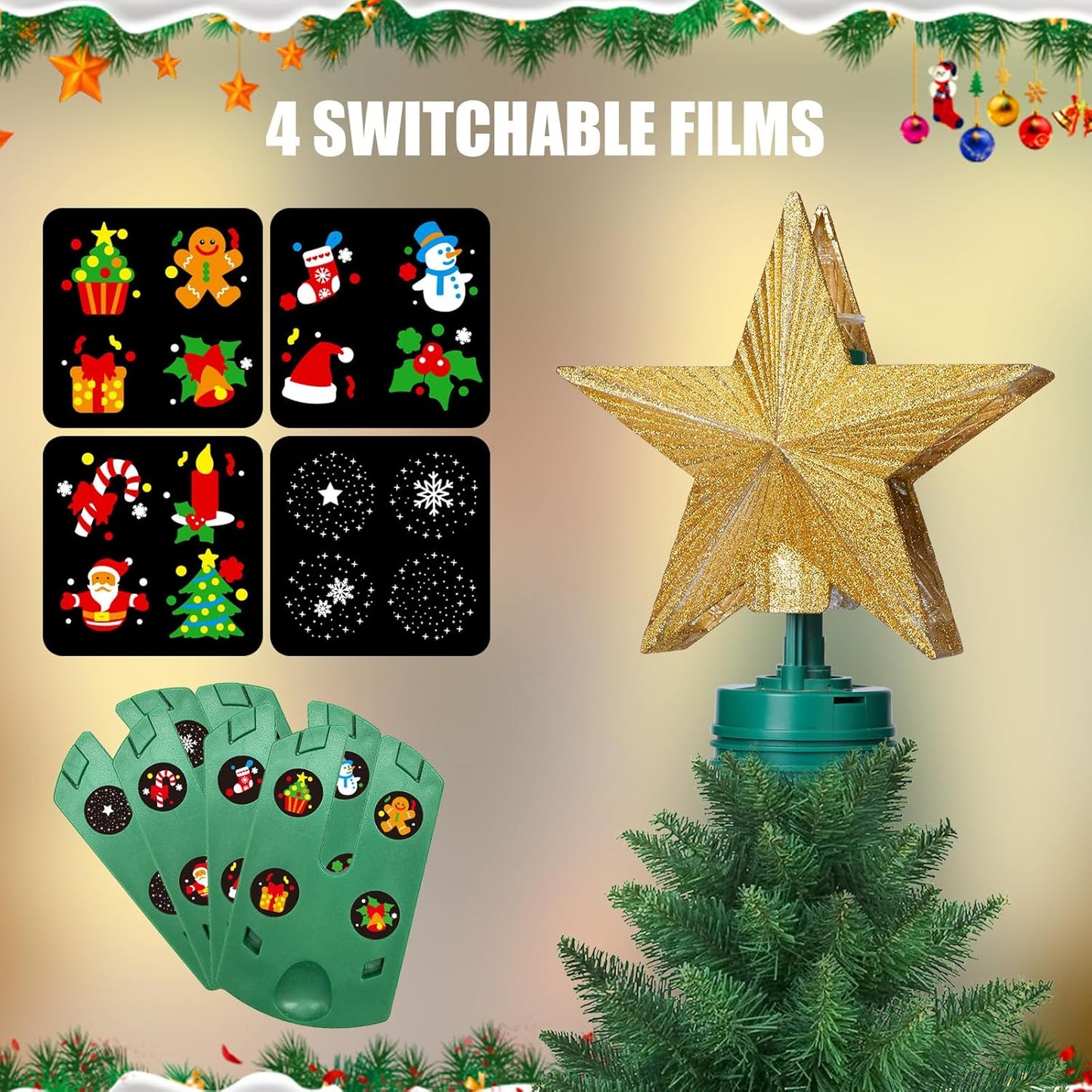 Christmas Star Tree Topper with 4 Projection Modes, Rotating 7 Color Gradient Tree Topper with Built-in LED Rotating Lights, Tree Top with Golden Spangles Plated Plug in for Christmas Decorations