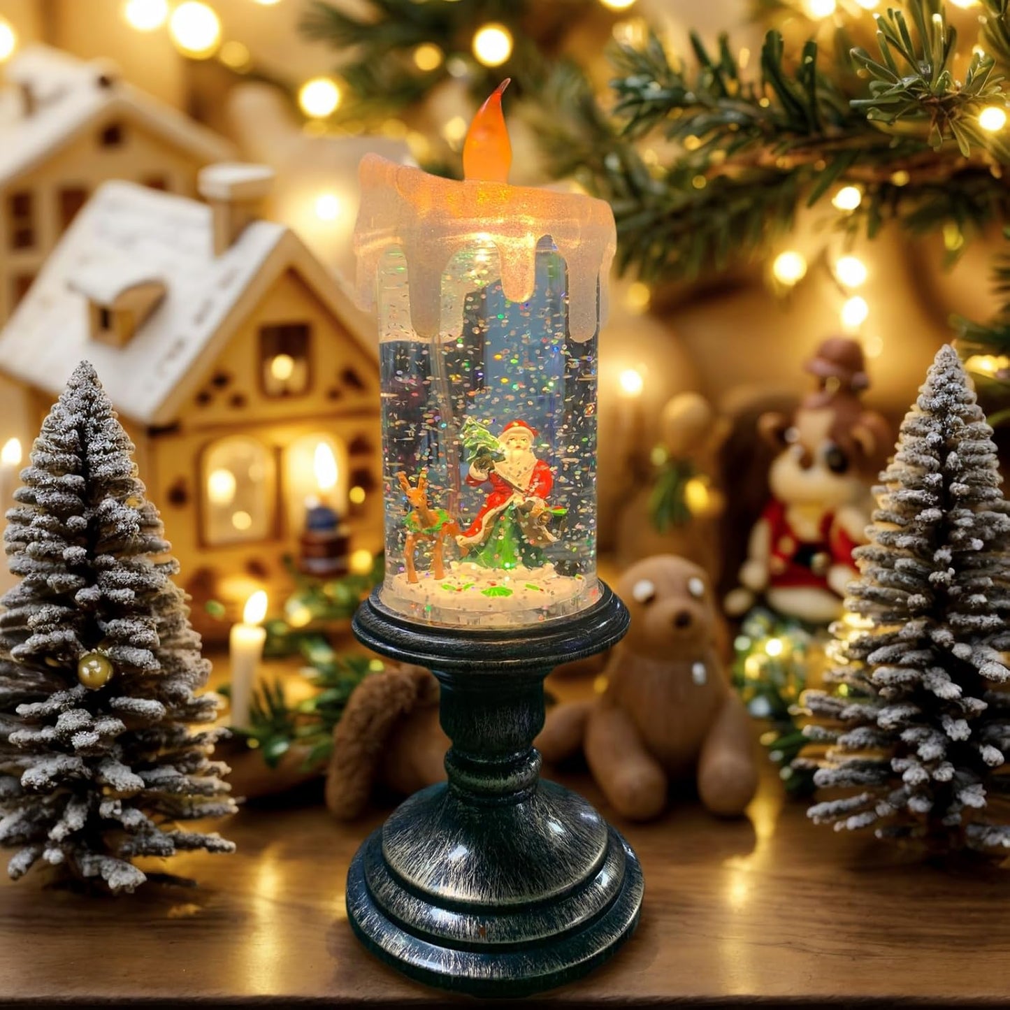 Flameless Snow Globe Candle Light Christmas Santa Decoration with Swirling Water & Glitter, Spinning LED Candles for Home, Tabletop, Holiday Decor