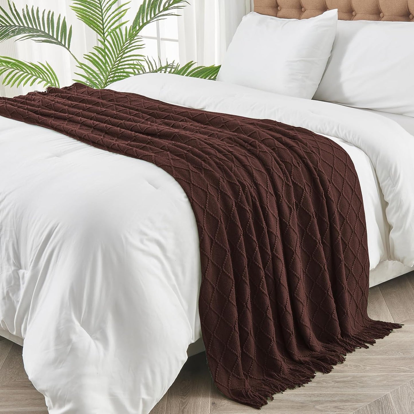 inhand Knitted Throw Blankets for Couch and Bed, Soft Cozy Knit Blanket with Tassel, Diamond Brown Lightweight Decorative Blankets and Throws, Farmhouse Warm Woven Blanket for Men and Women, 60"x80"