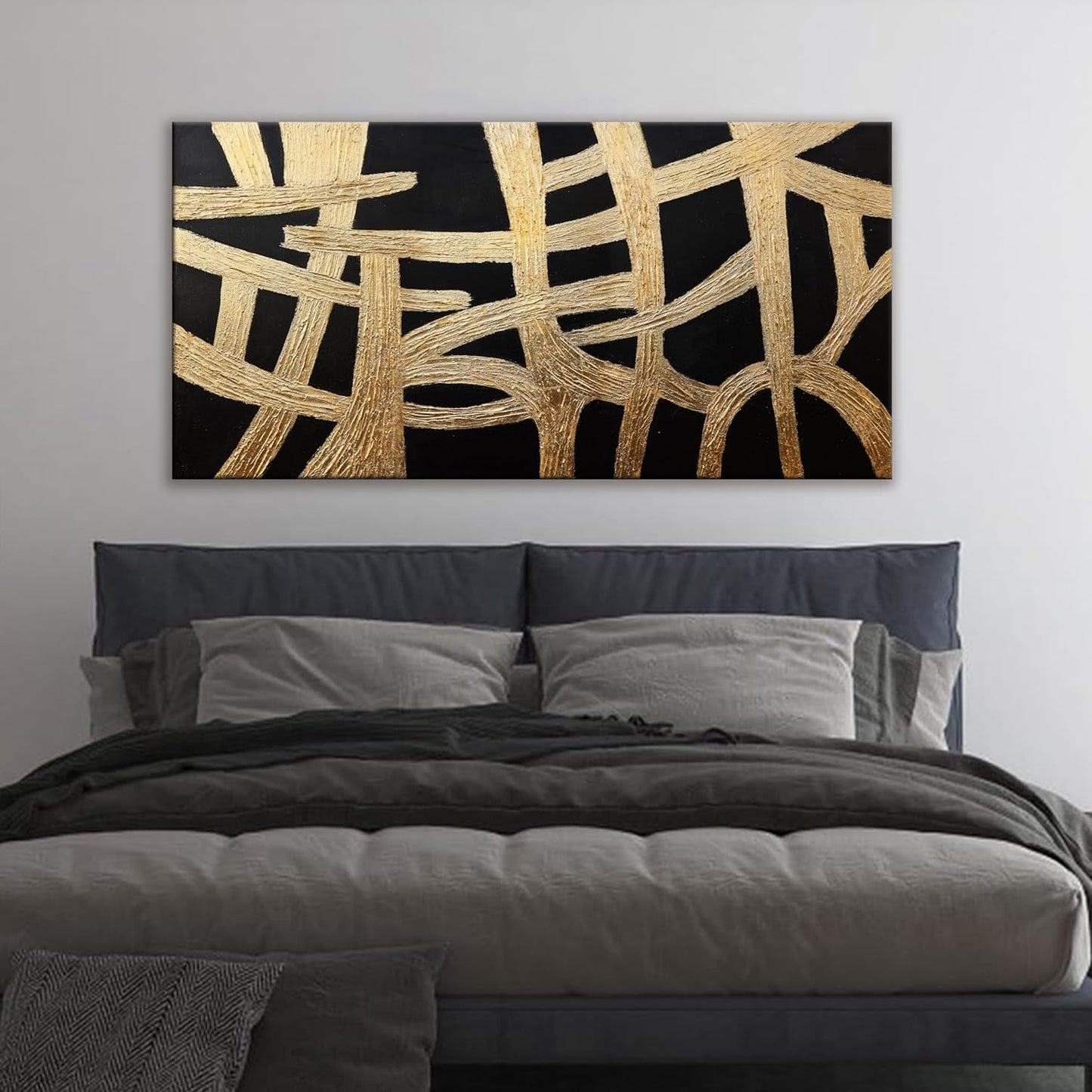 Abstract Wall Art Paintings Canvas Wall Art Decor Black And Gold Lines Artwork for Walls Texture Wall Decorations Modern Minimalist Wall Art Living Room Decor For Room Bedroom Office Wall Decor 24"X48"