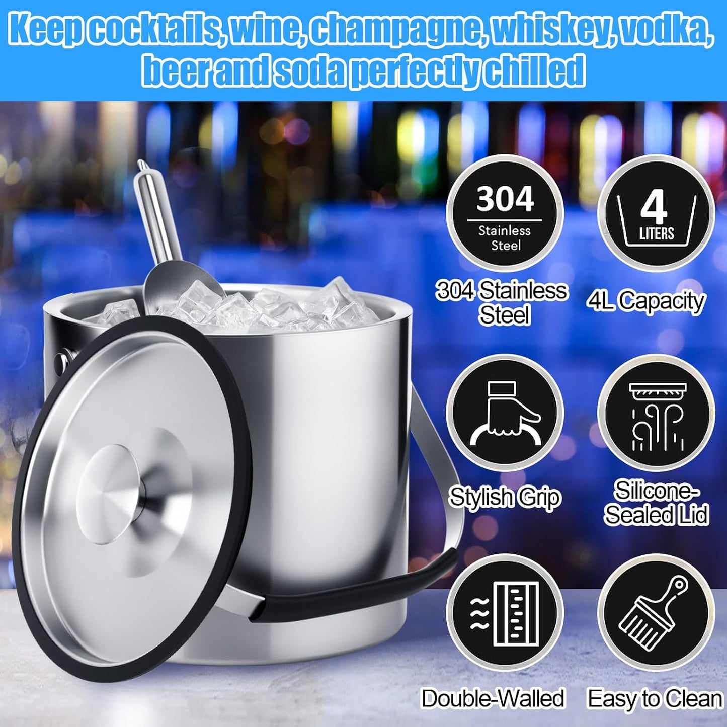meekoo 4 L Double Wall Insulated Stainless Steel Ice Bucket with Lid, Scoop, Strainer, Handle Large Wine Ice Bucket Upgraded Cover Keep Frozen Longer for Cocktail Bar Parties(Silver)