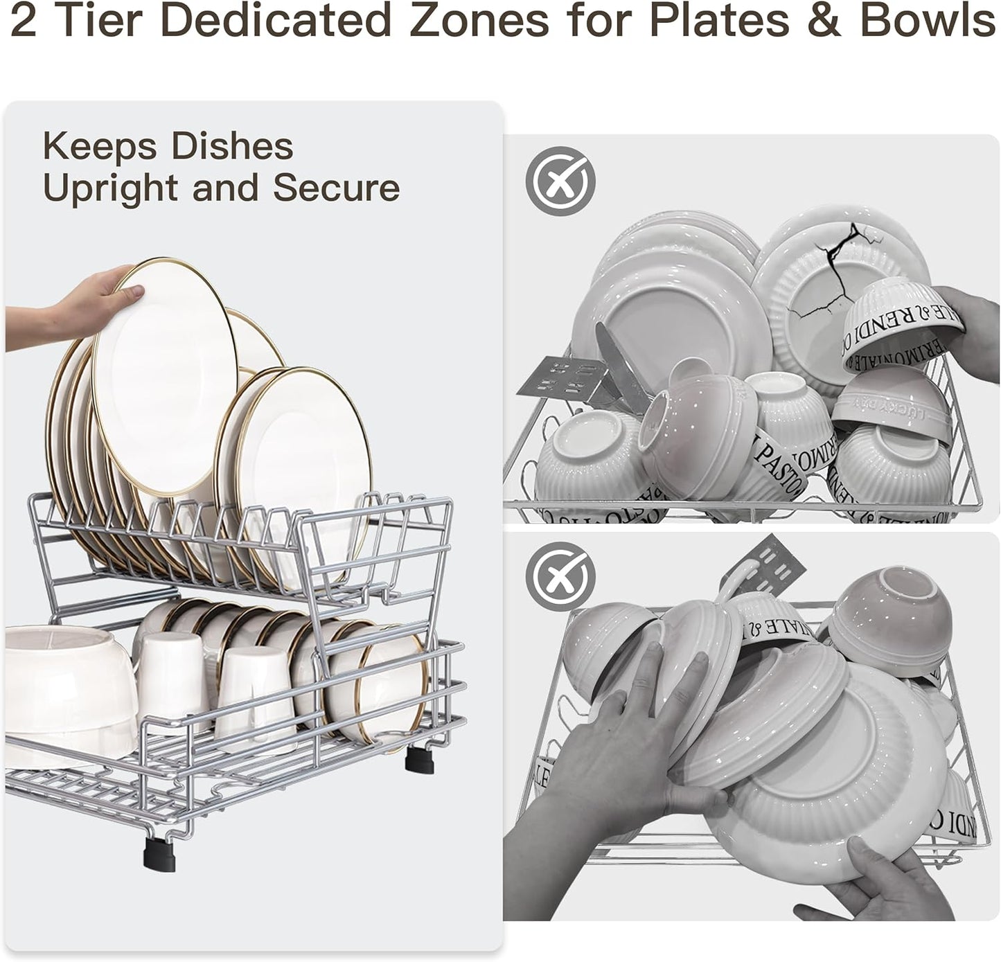 BOOSINY 2 Tier Turquoise Large Stainless Steel Dish Drainers Drying Rack for Kitchen Counter with Drainboard, Rust Proof Metal, Space Saving, Modern Aesthetic, Compact Plates Strainers with Extra Mat