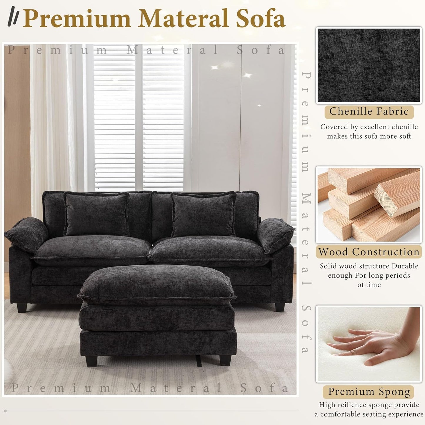 URRED Modular Sectional Sofa Comfy Cloud Couch, Modern Chenille Sofa Sleeper Deep Seat Couches with Ottoman/Pillows for Living Room (Black, 82.6''- L Shape)