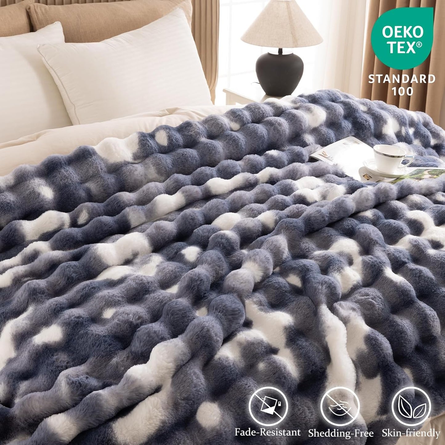 Cozy Faux Fur Throw Blanket for Bed-Warm Fuzzy Throw Blanket, Soft Plush Thick Bubble Blankets for Bedroom and Living Room, Furry Luxury Blanket, 90 x 108,Tie-Dye Blue